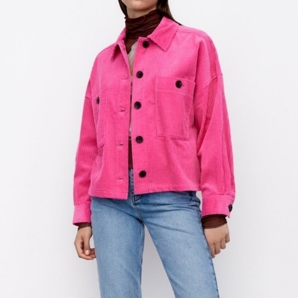 Zara Women's Fuchsia Pink Corduroy Collared Pocket Button Up Jacket, LARGE